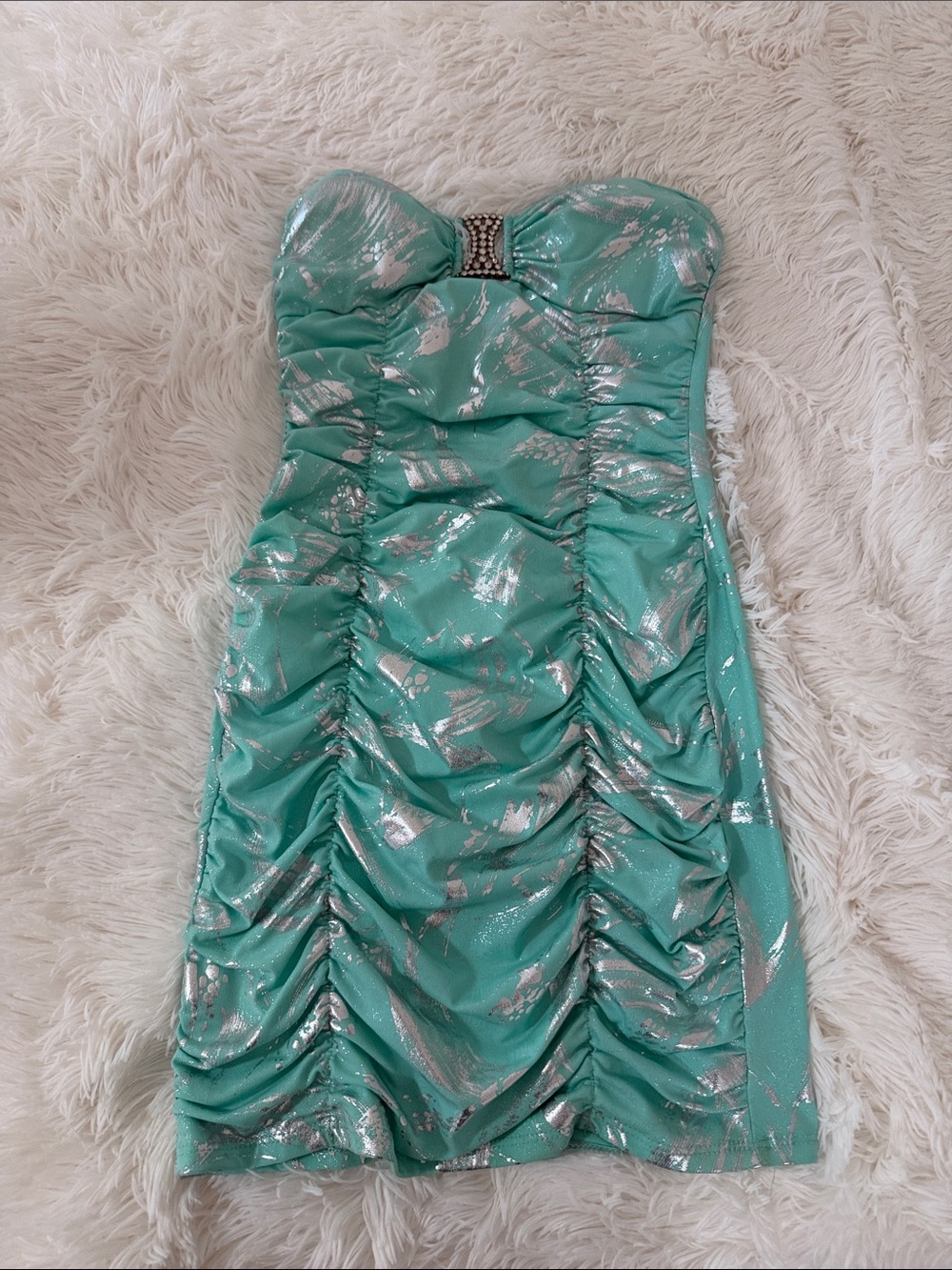 Deb Strapless Mint Green Dress with Silver Metallic Accents
